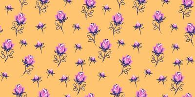 Colorful cute seamless pattern with abstract rosebuds, small rose, little buds. Creative tiny flowers printing on a yellow background. hand drawing sketch. Ornament repeated for designs vector