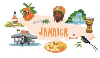 Map of Jamaica with attractions. Traditional food, hummingbird, chocolate bar, national fruit ackee, Rastafarianism, waterfall, rum. illustration for design of travel brochures, tourist maps. vector