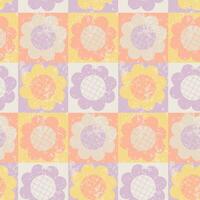 Y2K aesthetics, Groovy Daisy Flowers Seamless Pattern with texture in swatches. Floral Background in 1970s Hippie Retro Style for Print on Textile, Wrapping Paper, Web Design and Social Media. vector
