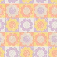 Y2K aesthetics, Groovy Daisy Flowers Seamless Pattern with texture in swatches. Floral Background in 1970s Hippie Retro Style for Print on Textile, Wrapping Paper, Web Design and Social Media. vector