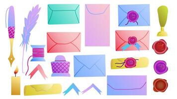 Set of icons for a romantic Valentine's day message. Set of love and greeting letters of various shapes colors, sealed in envelopes and scrolls with a seal, empty materials for writing a letter. vector