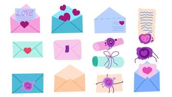 Set of icons for a romantic Valentine's day message. Set of love and greeting letters of various shapes colors, sealed in envelopes and scrolls with a seal, empty materials for writing a letter. vector