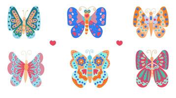 Set of Cute Bright butterflies painted hand drawn in a flat style vector