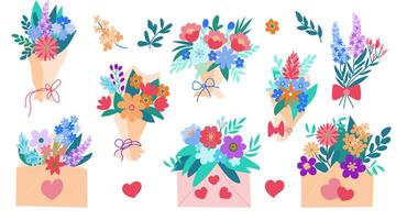 Set of cute hand-drawn bouquets of flowers and flowers in envelopes, greeting card and design elements for International Women's Day, Valentine's Day and lovers' Day and Easter, spring holidays vector