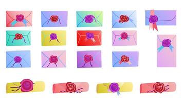 Set of love and greeting letters of various shapes and colors, sealed in envelopes and scrolls with sealing wax. vector