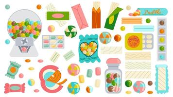 Set of flat cartoon chewing gum, colorful pads, bubble sweets, Chewing balls and sticks in packages or blisters, Delicious jelly beans and a strip, set of sweets for oral hygiene. vector