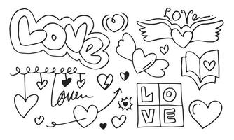 hand drawn doodles set for Valentine's Day. collection of beautiful hearts and writings Love on white background. vector