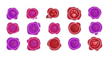 Valentine's Day, the text of a love word, flowers and hearts on a set of sealing wax, a collection of seals for packaging love letters for the holiday. vector