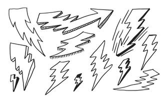 set of hand drawn doodle electric lightning bolt symbol sketch illustrations. thunder symbol doodle icon. vector