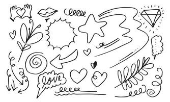 Hand drawn set elements, black on white background.,Arrow, heart, love, star, leaf, circle, light, flower, crown,Swishes, swoops, emphasis ,swirl for concept design. vector