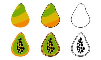 A set of illustrations depicting whole and sliced papaya with contour and color, color without contour and only contour, ideal for culinary and educational graphics. Cute linear illustration vector