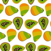 A pattern of illustrations depicting whole and sliced papaya with contour and color, ideal for packaging office supplies, food, clothing, paper. Cute repeating horizontally seamless texture vector