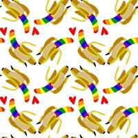 Pattern of bananas colored in a rainbow. Isolated fruits with color. An open banana in different poses and hearts. An LGBT sign. Suitable for website, blog, packaging, home decor, stationery and more vector