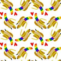 Pattern of bananas colored in a rainbow. Isolated fruits with color. An open banana in different poses and hearts. An LGBT sign. Suitable for website, blog, packaging, home decor, stationery and more vector