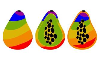 A set of papayas painted in all colors of the rainbow. Individual fruits are color only. A whole and cut fruit. LGBT symbol. Suitable for website, blog, product packaging and more vector