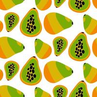 A pattern of illustrations depicting whole and sliced papaya with color, ideal for packaging office supplies, food, clothing, paper. Cute repetitive chaotically seamless texture vector