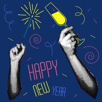 Vintage design of the New Year's banner of the 90s with the image of hands holding champagne glasses and sparklers. A collage of dots. Retro party. illustration for a poster or greeting card vector
