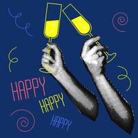 Vintage design of the New Year's banner of the 90s with the image of hands holding champagne glasses 3. Collage of dots. Retro party. illustration for a poster or greeting card. Glasses in hand vector