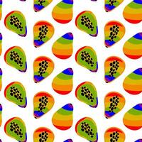 A pattern of papaya, painted in all the colors of the rainbow. Seamless fruit colored core. Whole and sliced fruits. An LGBT symbol. Suitable for website, blog, product packaging and more vector
