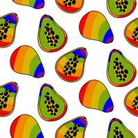 Pattern of papaya, painted in all the colors of the rainbow. Seamless fruits with a colored core contour. Whole and sliced fruits. An LGBT symbol. Suitable for website, blog, product packaging vector