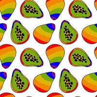 A pattern of papaya, painted in all the colors of the rainbow. Seamless fruits with a colored core contour. Whole and sliced fruits. An LGBT symbol. Suitable for website, blog, product, packaging vector