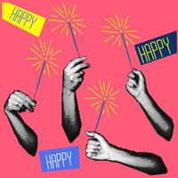 Vintage design of the New Year's banner of the 90s with the image of hands holding sparklers. A collage of dots. Retro party. illustration for a poster or greeting card. Happy Bright shine vector