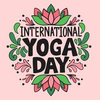 internacional yoga día, mano letras bandera con loto vector