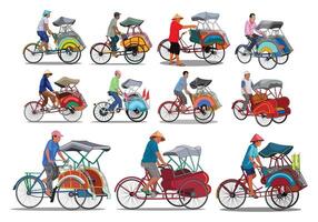 Set of rickshaw becak yogyakarta. Tricycle cart Isolated on white background for background design. vector