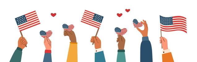monumento día y independencia día concepto. personas mano participación americano banderas y corazones. vector