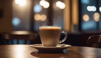 Cafe hot cup of coffee on a saucer on a dark background, casting a thin shadow. Bokeh in the background. photo