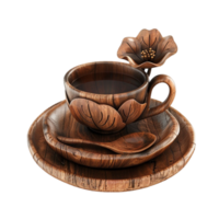 Generated AI wooden cup and saucer with flower on it on transparent background png