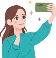 A happy female taking selfie with mobile phone illustration png