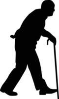 Elderly man standing with cane silhouette illustration. Old man pose silhouette in black color. Hand drawn senior man in . vector
