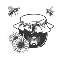 hand drawing Honey in glass jar, flowers and bee. Hand drawn engraving isolated on background for beekeeping, honey production. Woodcut, etching vector