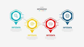 cuatro paso infografía elemento diseño modelo para presentación. proceso diagrama y presentaciones paso, flujo de trabajo disposición, bandera, fluir cuadro, informacion gráfico ilustración. vector