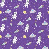 Seamless pattern cute astronauts as cats with ships in space. Print for children textile, pack, fabric, wallpaper, wrapping. vector
