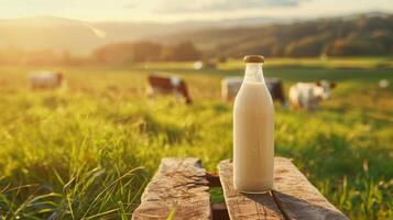 Dairy products packed in a green field of grass photo