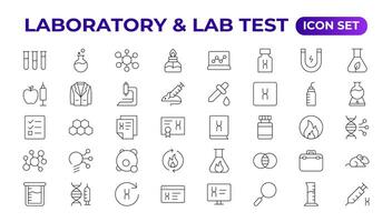 Science and research line icons collection. Thin outline pack. Drug testing, scientific discovery disease prevention signs. Medical healthcare, doctor icons. Chemical formula, chemistry testing lab. vector