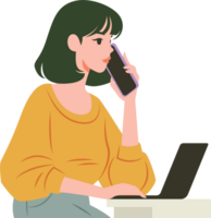 A business woman online meeting on laptop and talking to the smartphone illustration png