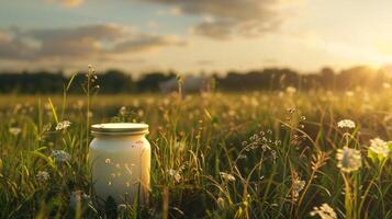 Dairy products packed in a green field of grass photo