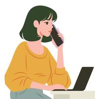 un negocio mujer en línea reunión en ordenador portátil y hablando a el teléfono inteligente ilustración vector