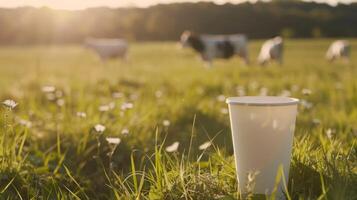 Dairy products packed in a green field of grass photo