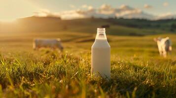 Dairy products packed in a green field of grass photo