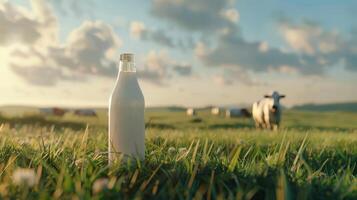 Dairy products packed in a green field of grass photo