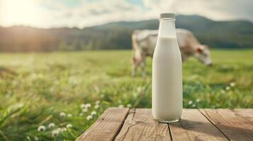 Dairy products packed in a green field of grass photo