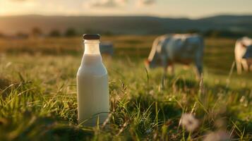 lechería productos lleno en un verde campo de césped foto