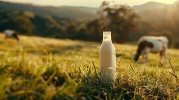 Dairy products packed in a green field of grass photo