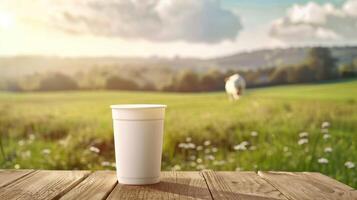 Dairy products packed in a green field of grass photo