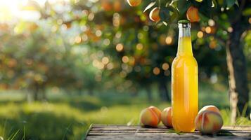 Packed peach juice on a background of green grass field photo