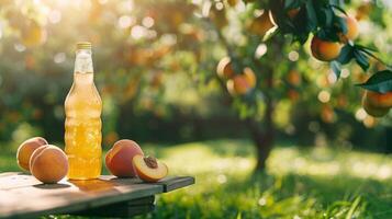 Packed peach juice on a background of green grass field photo